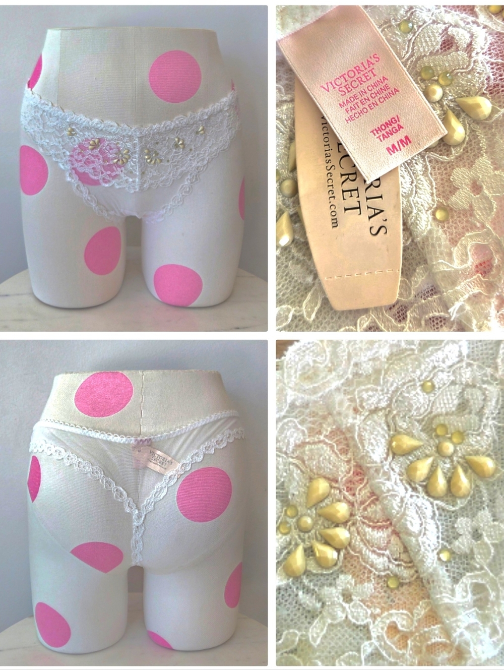 Victoria's Secret VTG White Lace Embroidered Thong Tanga Panty NWT Jewels Beads